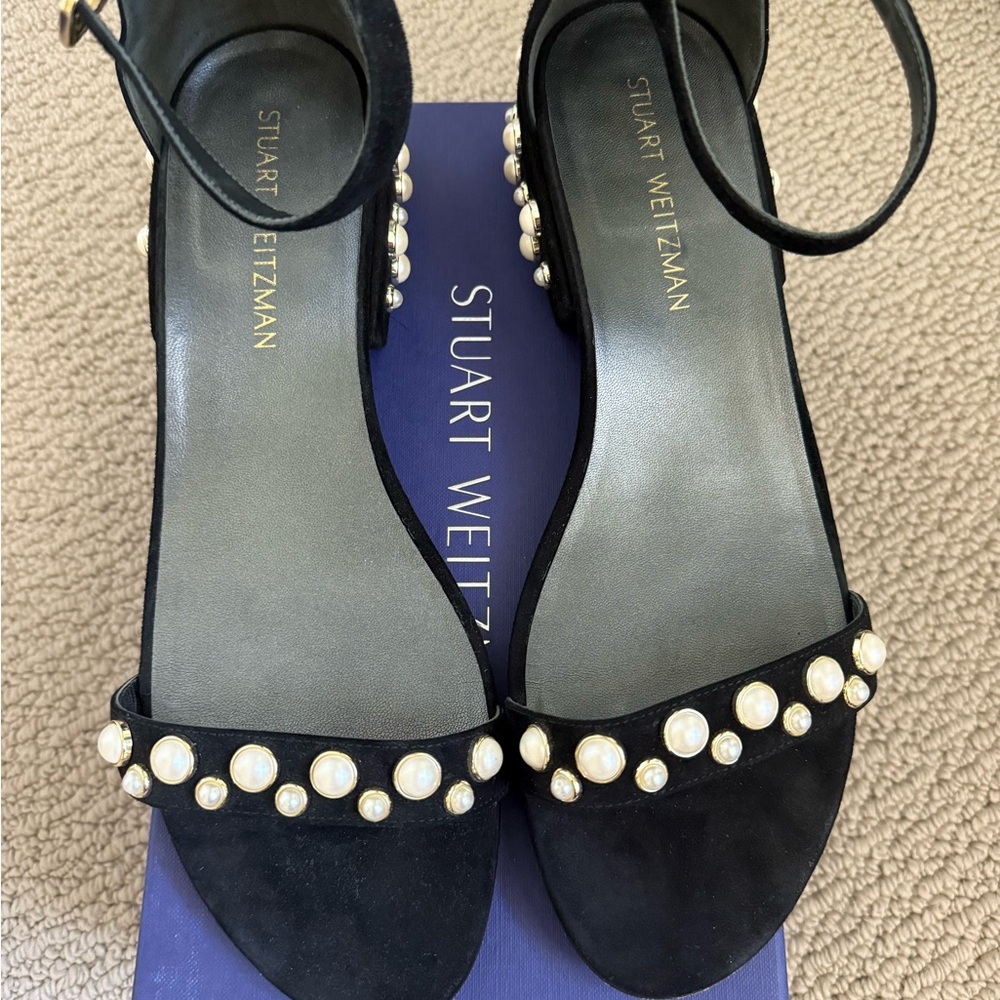 Stuart Weitzman Black Pearl-Embellished Women's Sandals